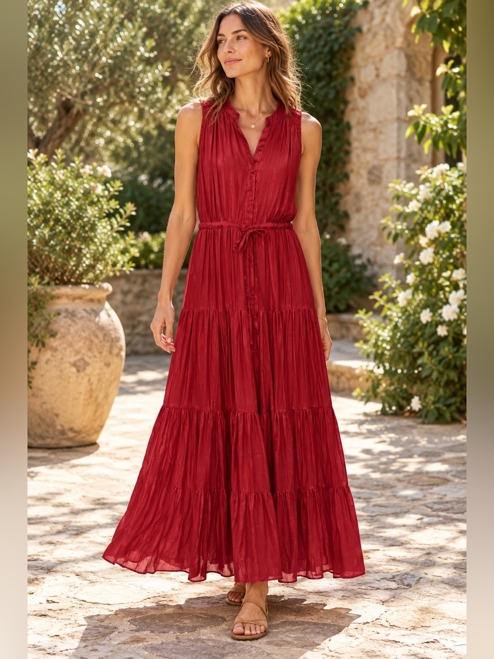 Banana Republic Satin Tiered Maxi Shirt Dress Sleeveless Red Size 2